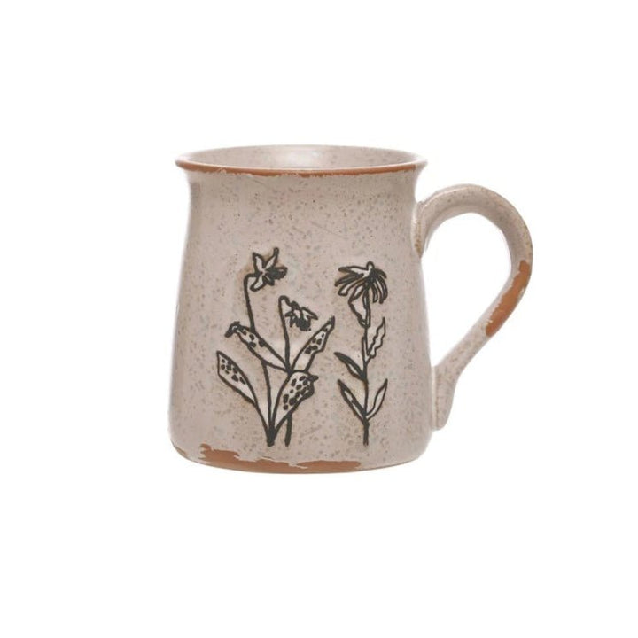 Debossed Stoneware Botanical Mug - Merry PigletsCreative Co - Op