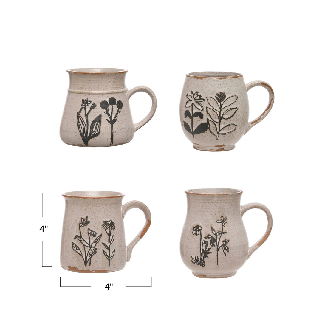 Debossed Stoneware Botanical Mug - Merry PigletsCreative Co - Op