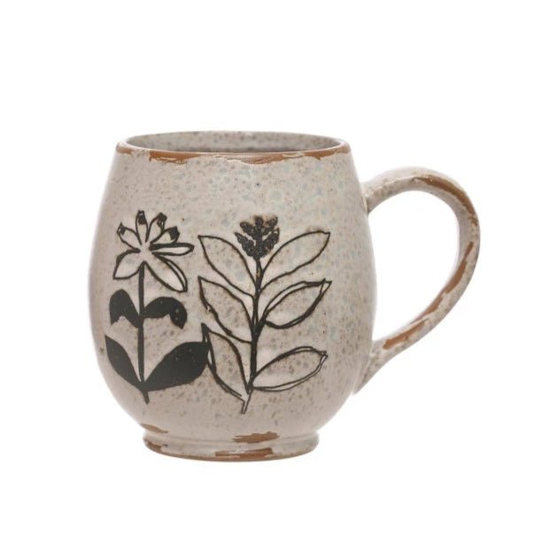 Debossed Stoneware Botanical Mug - Merry PigletsCreative Co - Op