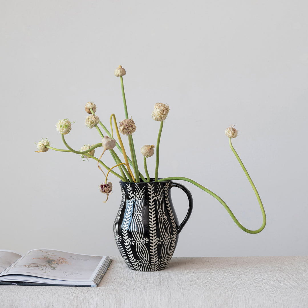 Black + Cream Floral Pitcher