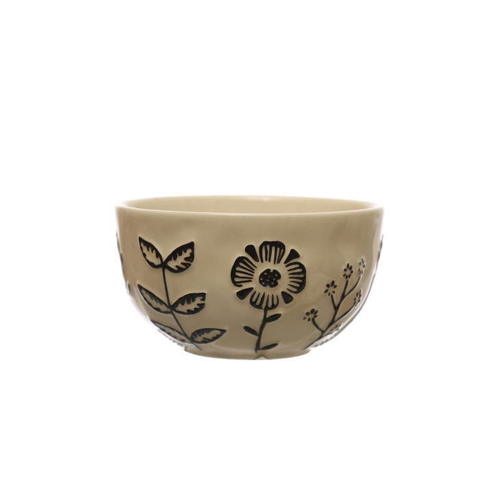 Hand Painted Stoneware Bowl with Embossed Flowers - Merry Piglets