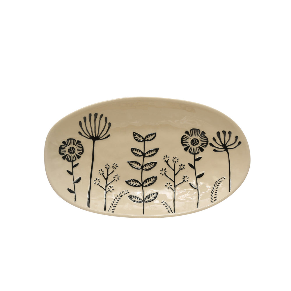 Hand-Painted Stoneware Platter with Embossed Flowers - Merry Piglets