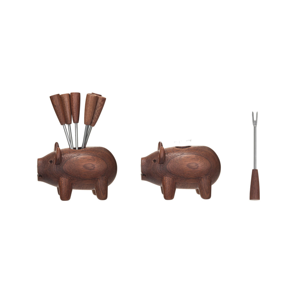 Wood Pig w/ Appetizer Forks - Merry Piglets