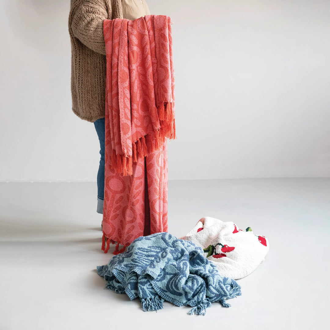 Red + Pink Jacquard Floral Throw Blanket