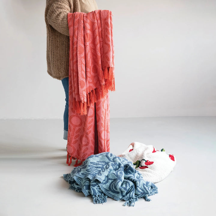 Red + Pink Jacquard Floral Throw Blanket