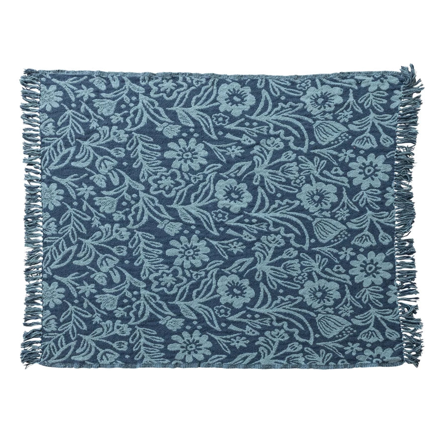 Blue Jacquard Floral Throw Blanket