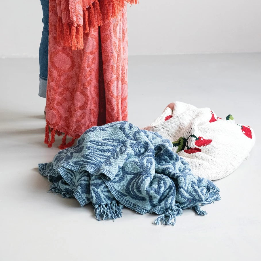 Blue Jacquard Floral Throw Blanket