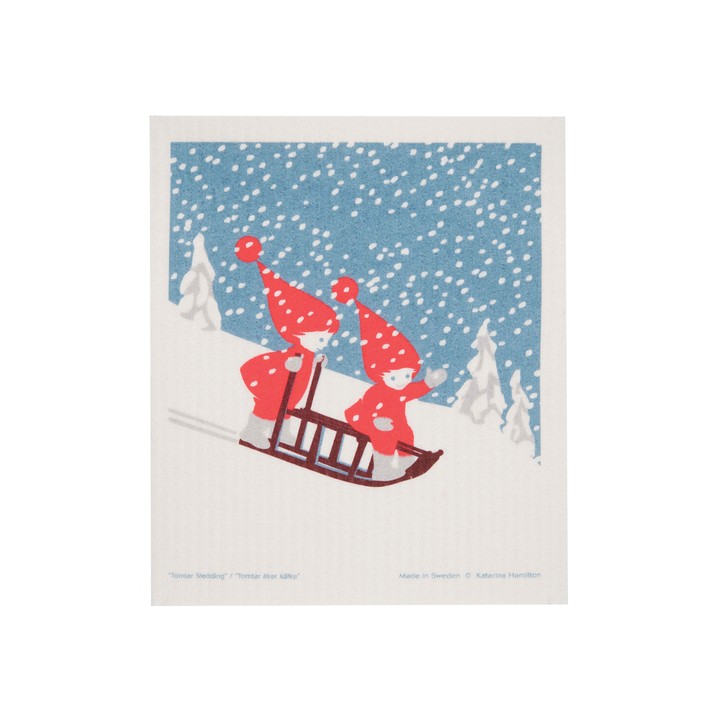 Sledding Tomte Swedish Dishcloth