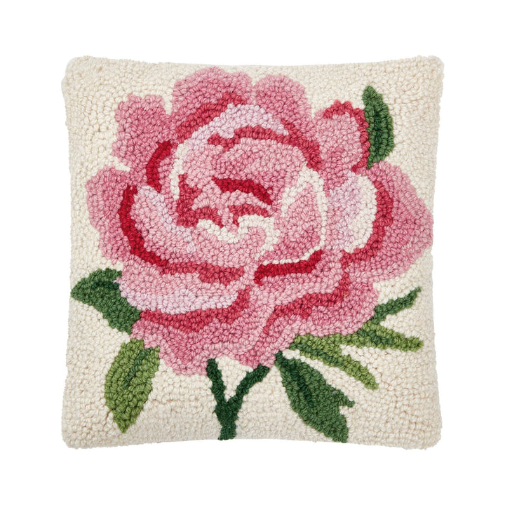 Pink Peony Wool Hooked Pillow
