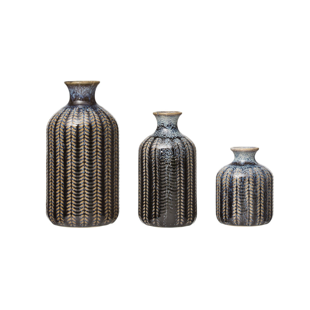 Embossed Blue Stoneware Glazed Vase - Merry PigletsCreative Co-Op