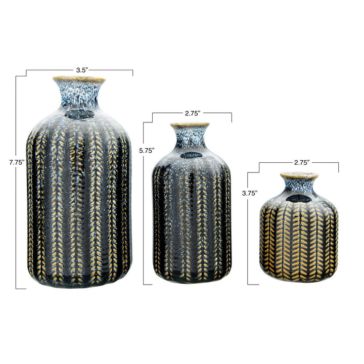 Embossed Blue Stoneware Glazed Vase - Merry PigletsCreative Co-Op
