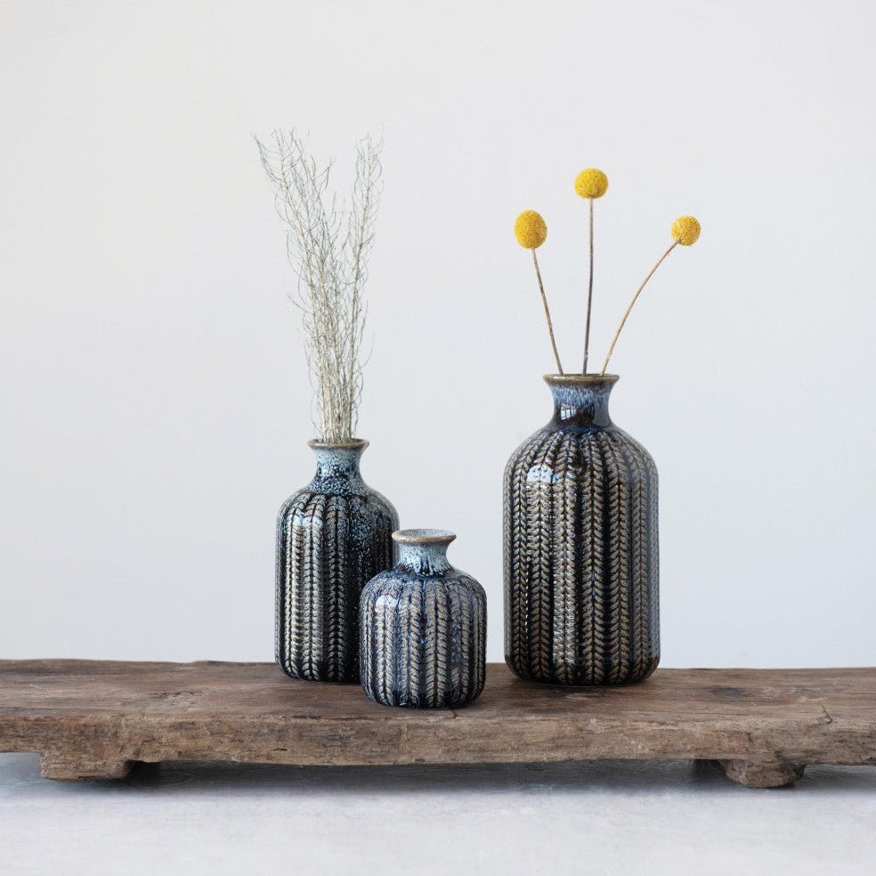 Embossed Blue Stoneware Glazed Vase - Merry PigletsCreative Co-Op