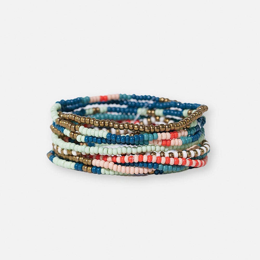 Beaded 10 Strand Stretch Bracelets - Teal + Poppy