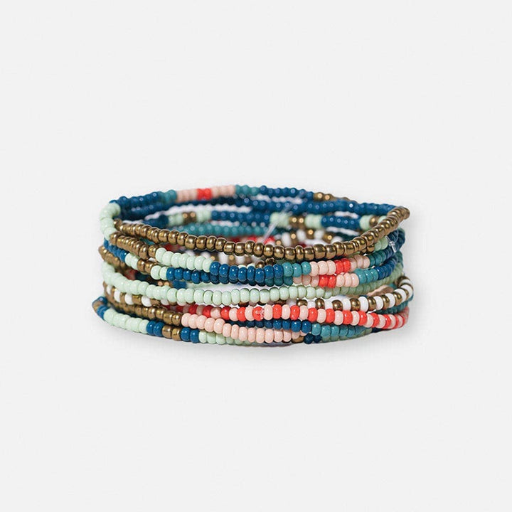 Beaded 10 Strand Stretch Bracelets - Teal + Poppy
