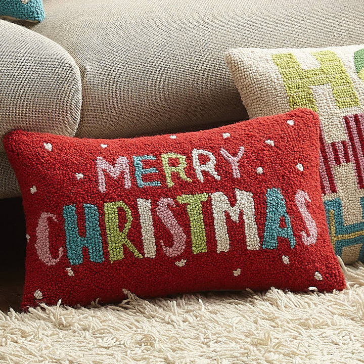 Merry Christmas Wool Hooked Pillow