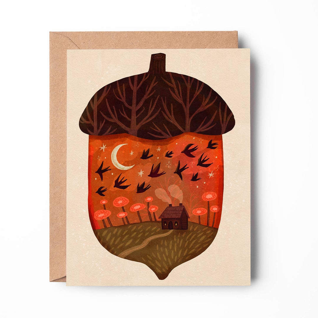 Fall Acorn Cottage Greeting Card - Merry PigletsEmmylou Illustrations