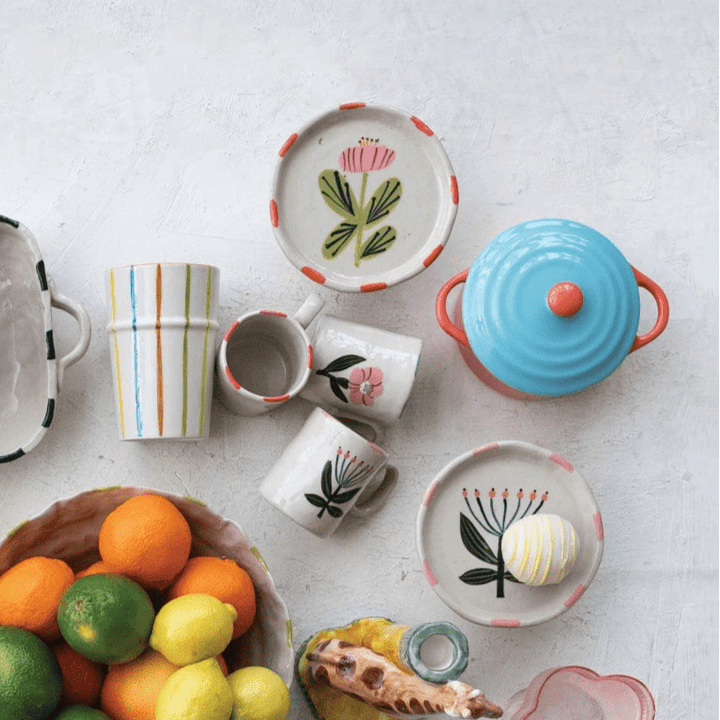 Floral Stoneware Pedestal - Merry PigletsCreative Co - Op