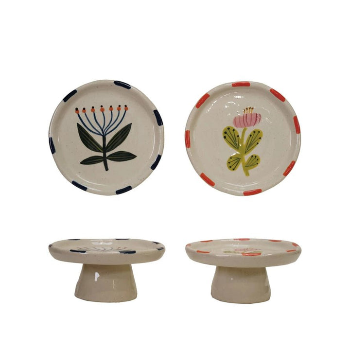 Floral Stoneware Pedestal - Merry PigletsCreative Co - Op
