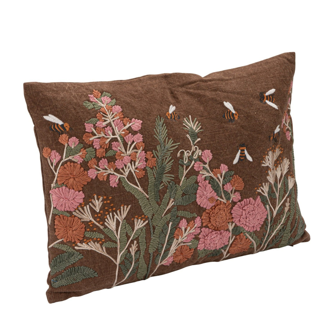 Flowers & Bees Embroidered Pillow - Merry PigletsCreative Co-Op