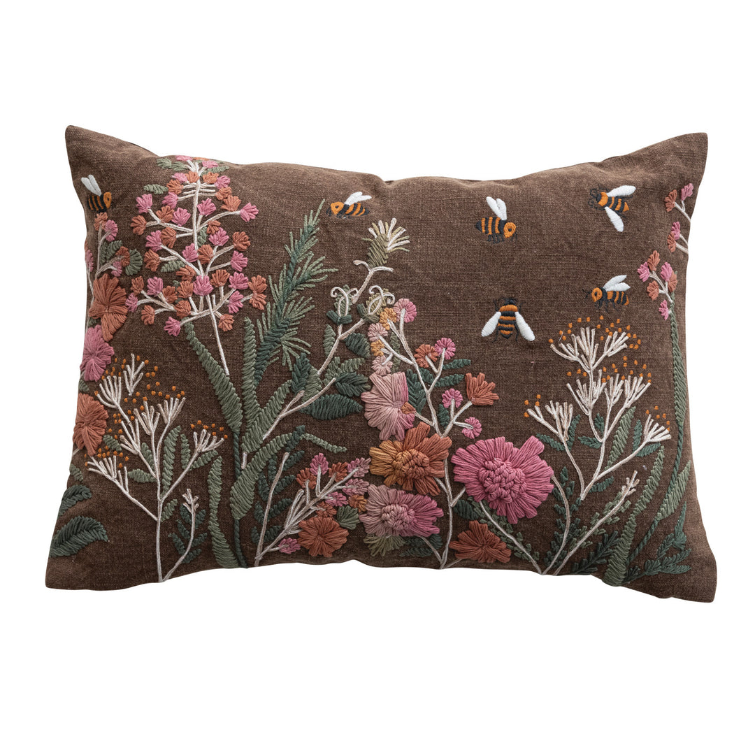 Flowers & Bees Embroidered Pillow