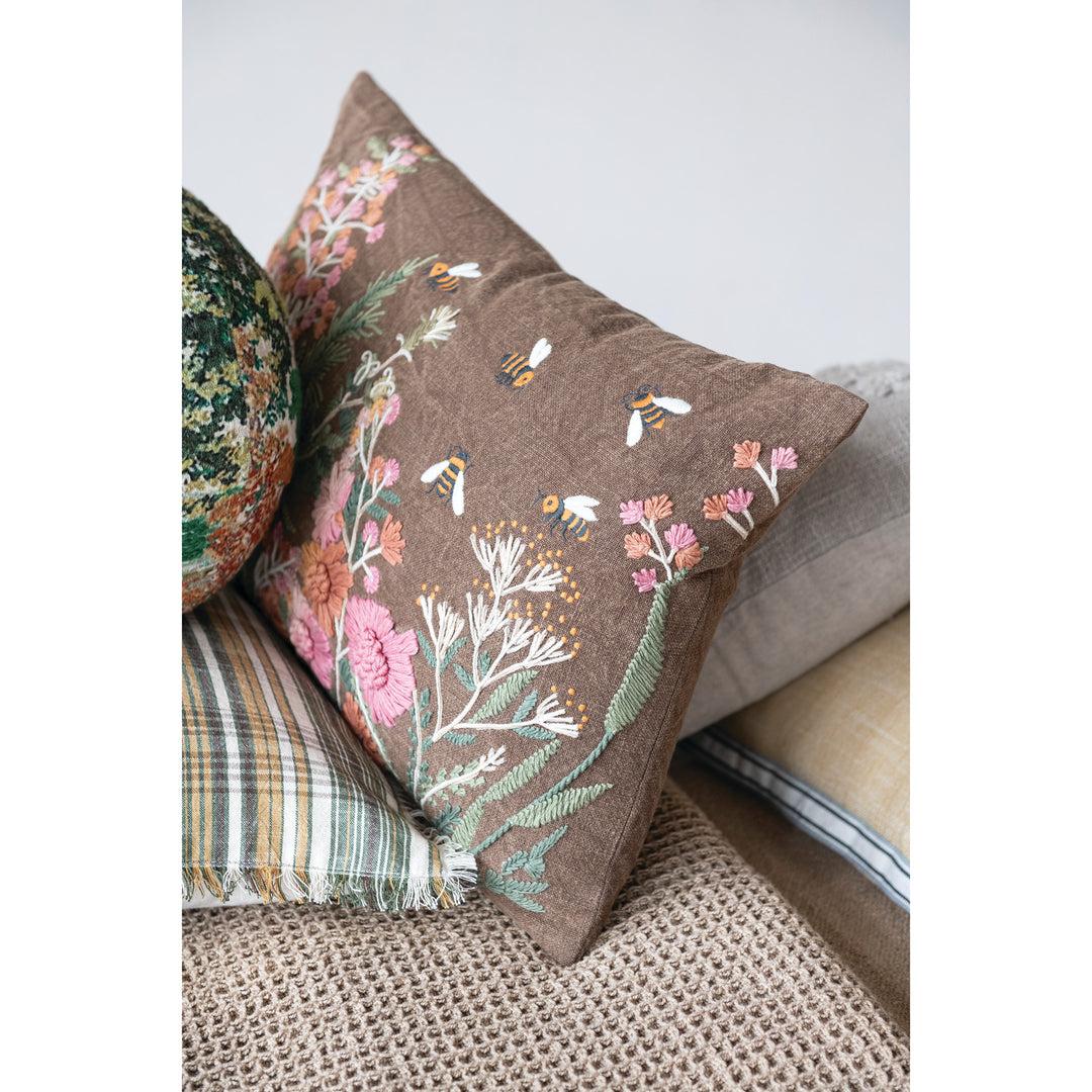 Flowers & Bees Embroidered Pillow