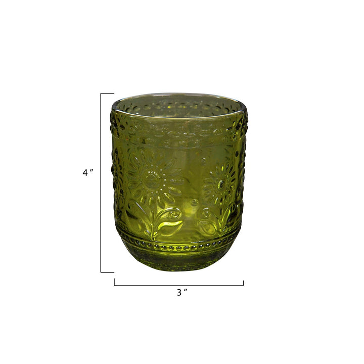 Green Embossed Flower Drinking Glass - Merry PigletsCreative Co - Op