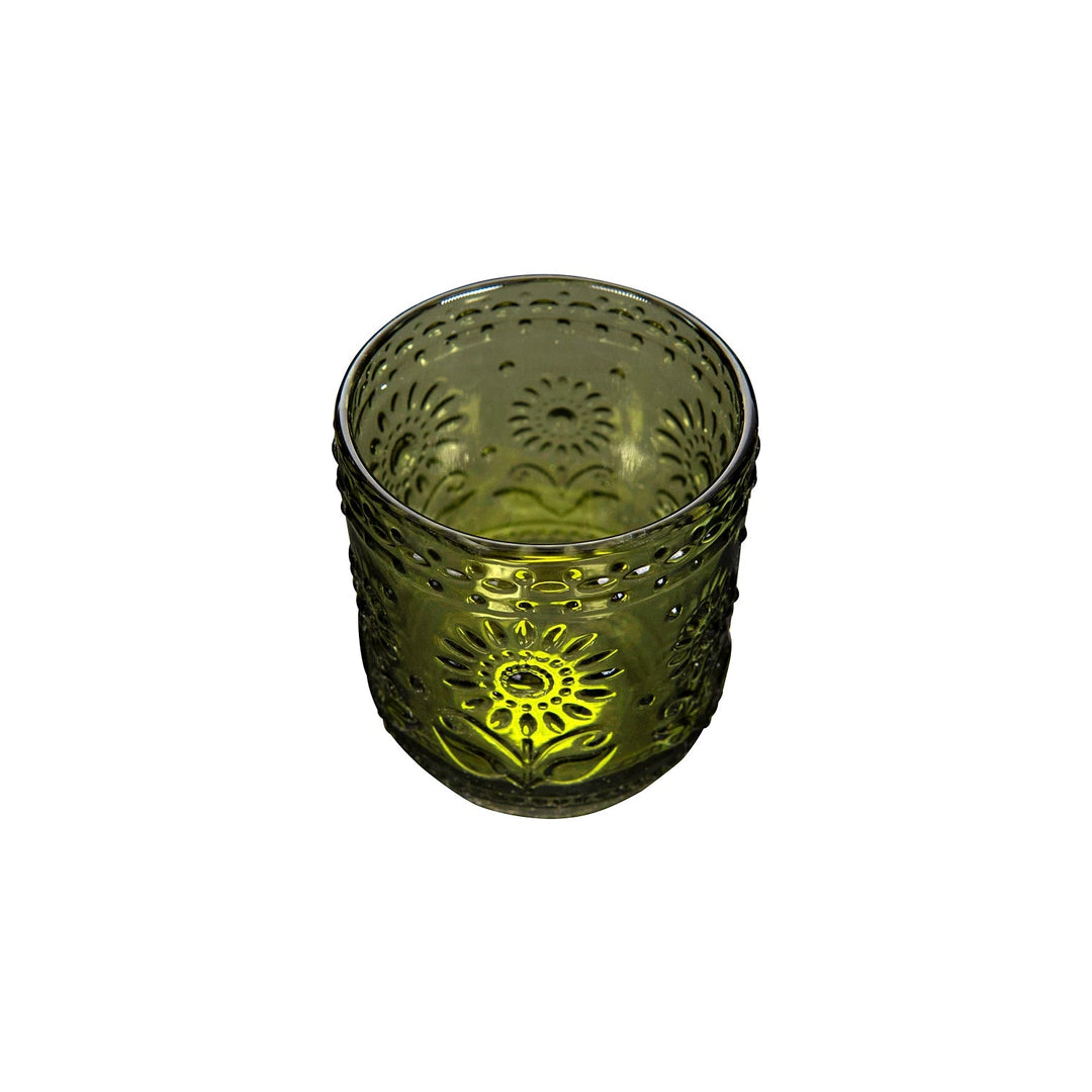 Green Embossed Flower Drinking Glass - Merry PigletsCreative Co - Op