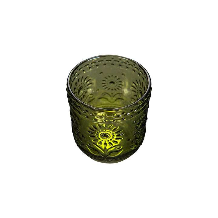 Green Embossed Flower Drinking Glass - Merry PigletsCreative Co - Op