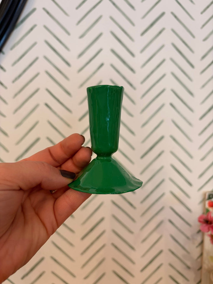 Green Enameled Cast Iron Taper Holder - Merry PigletsCreative Co-Op