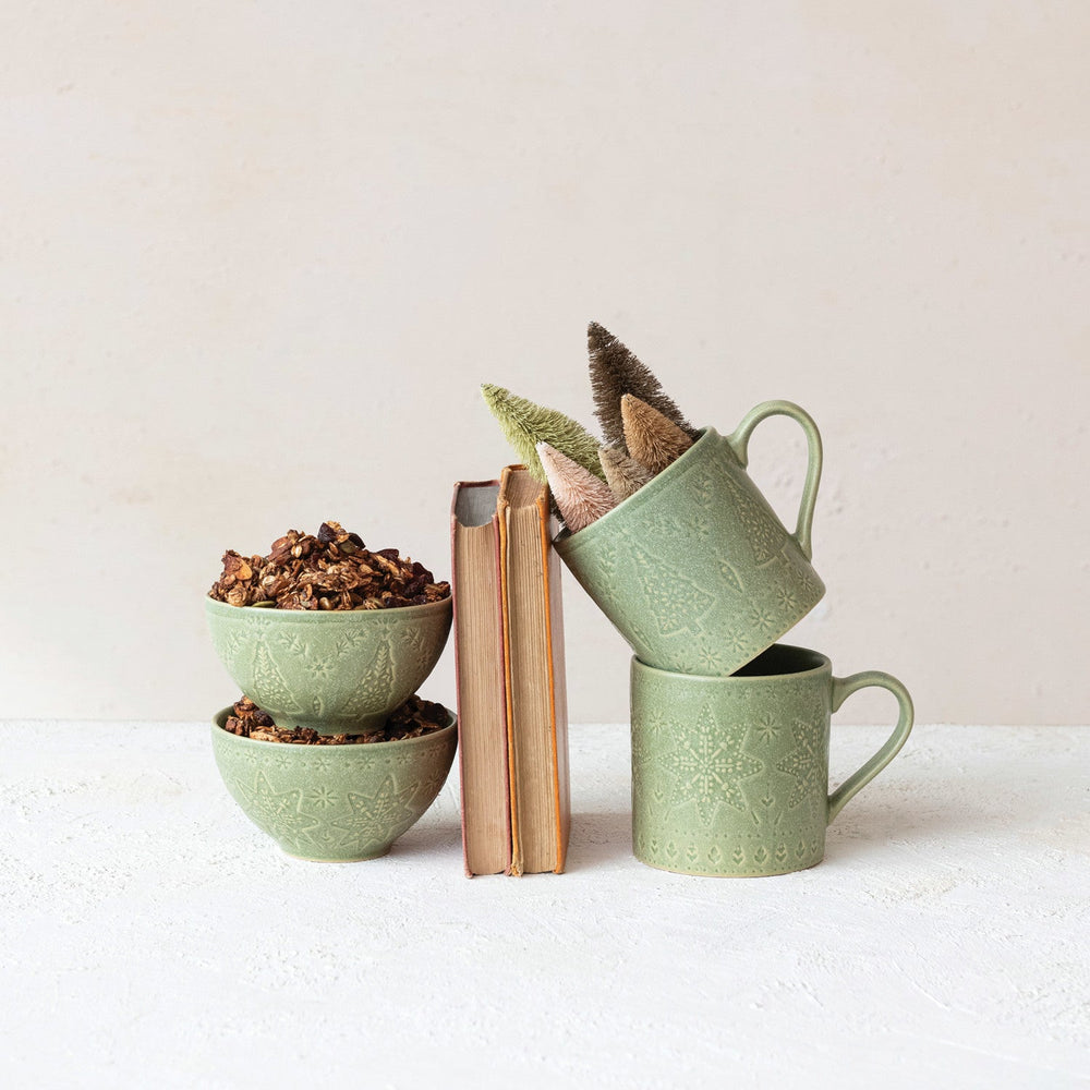 Green Stoneware Bowl - Merry PigletsCreative Co - Op