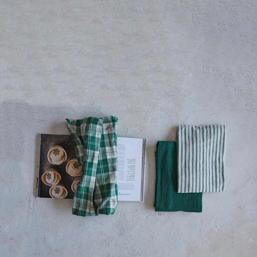 Green & White Waffle Tea Towel Set - Merry PigletsCreative Co - Op