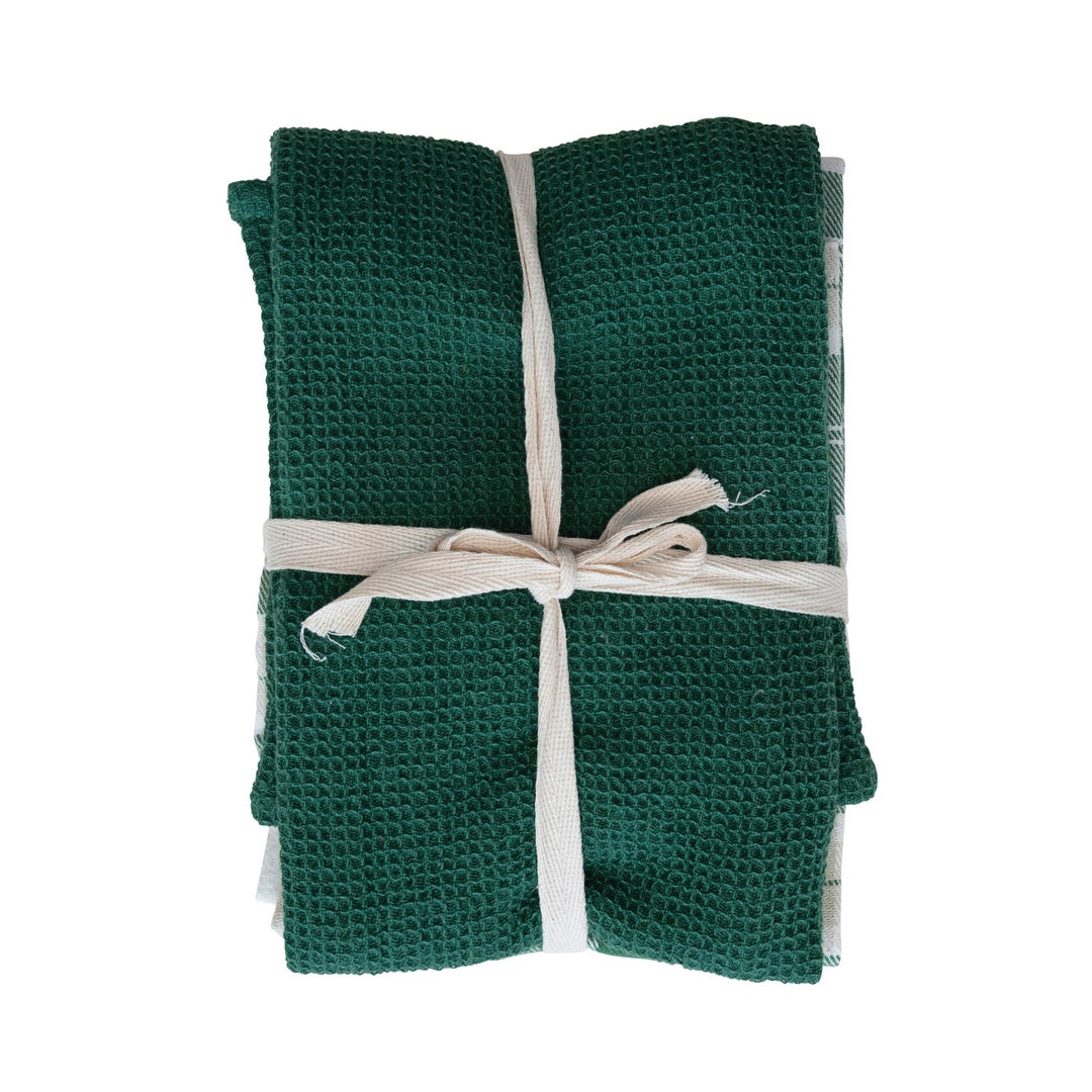 Green & White Waffle Tea Towel Set - Merry PigletsCreative Co - Op