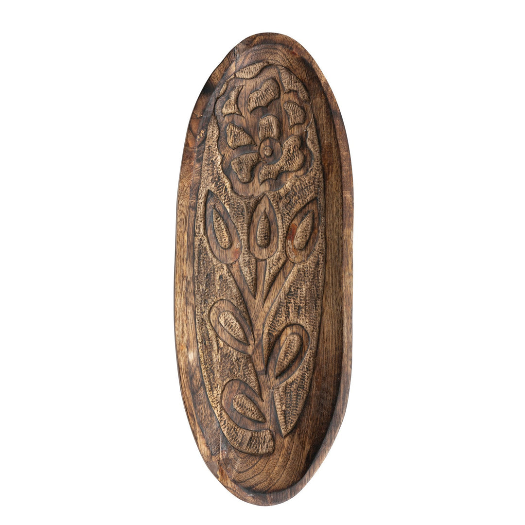 Hand - Carved Wood Tray w/ Flower - Merry PigletsCreative Co - Op