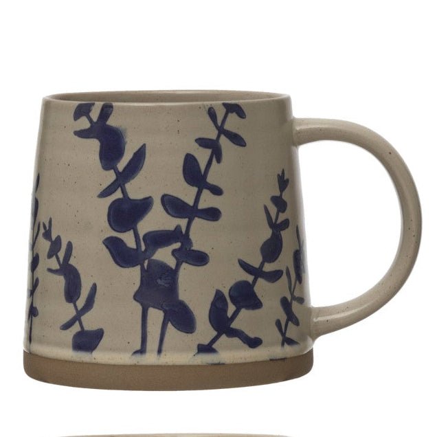 Hand Stamped Stoneware Botanical Mug - Merry PigletsCreative Co - Op