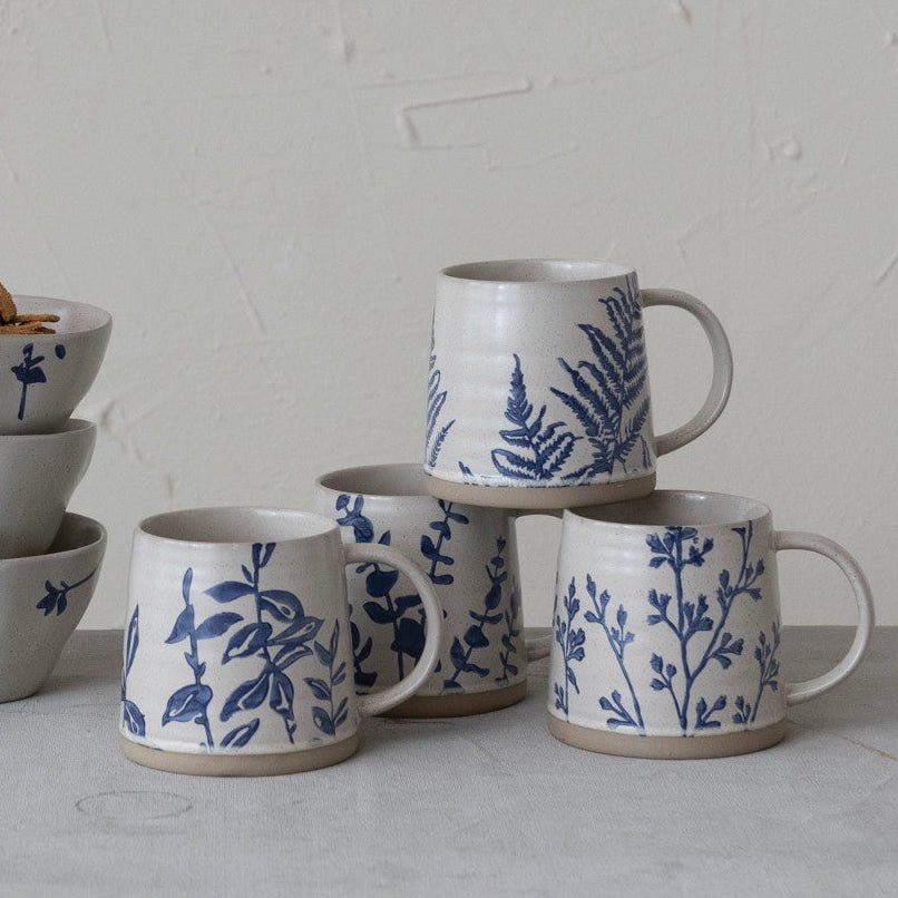 Hand Stamped Stoneware Botanical Mug - Merry PigletsCreative Co - Op