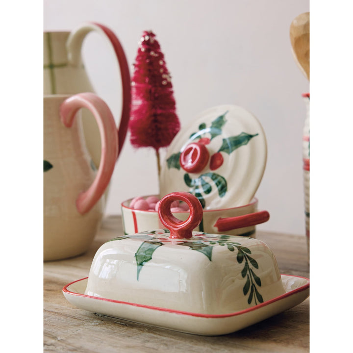 Holly Butter Dish - Merry PigletsCreative Co-Op