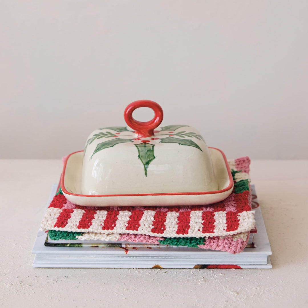 Holly Butter Dish - Merry PigletsCreative Co-Op