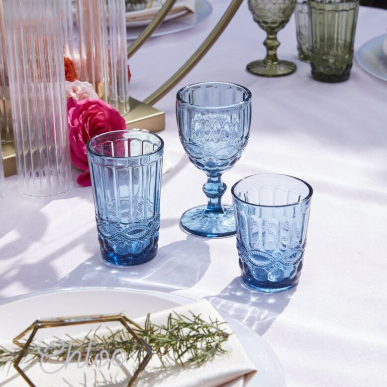 Blue Pressed Drinking Glass Tall - Merry Piglets