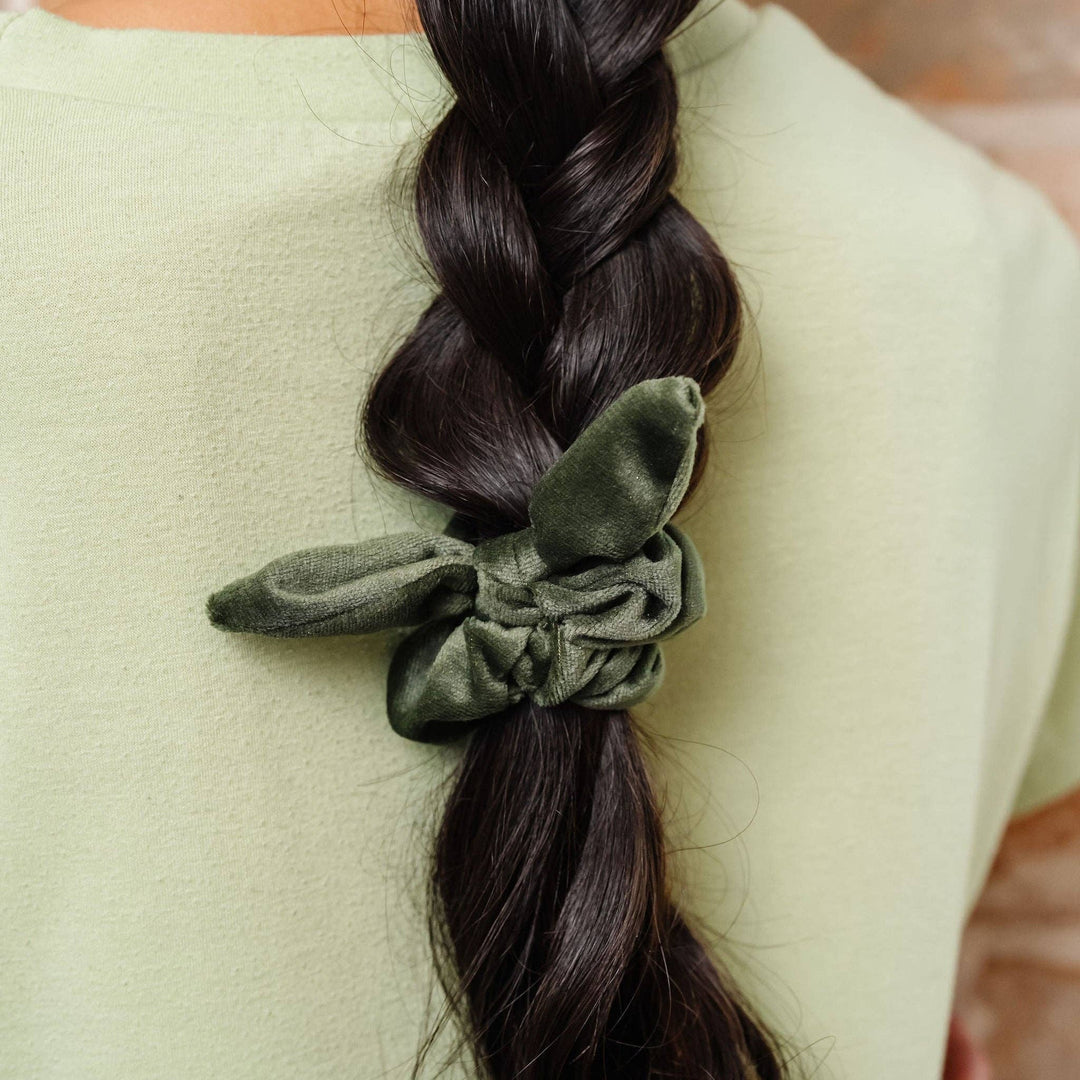 Olive Green Velvet Bow Scrunchie - Merry PigletsShop Andi