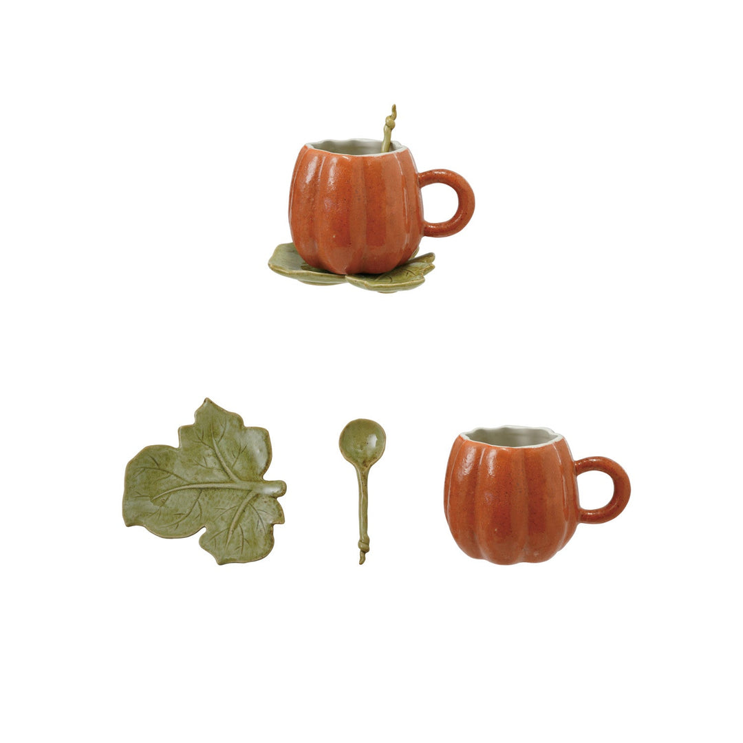Pumpkin Mug with Saucer Set - Merry PigletsCreative Co-Op