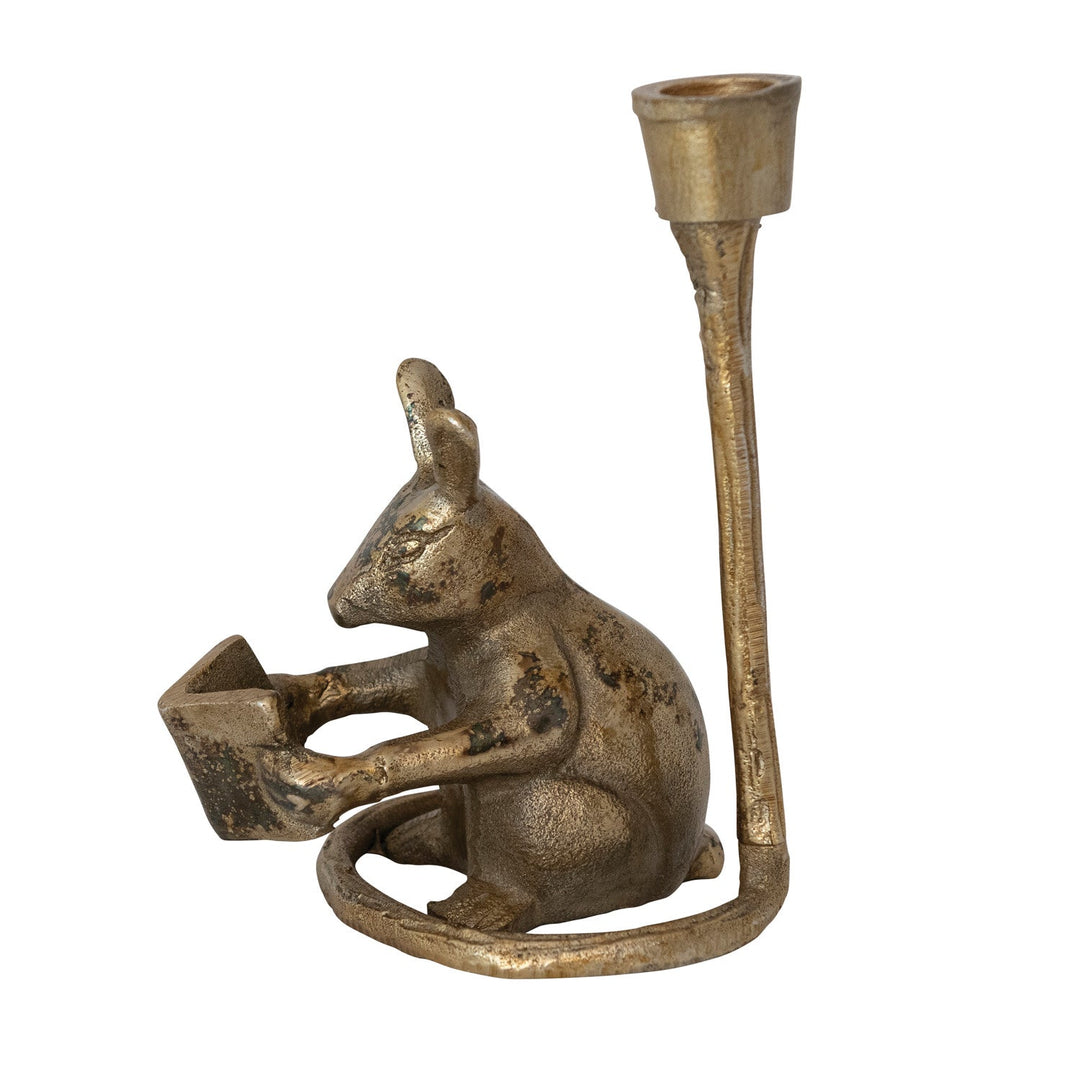 Reading Mouse Gold Candle Holder - Merry PigletsCreative Co-Op