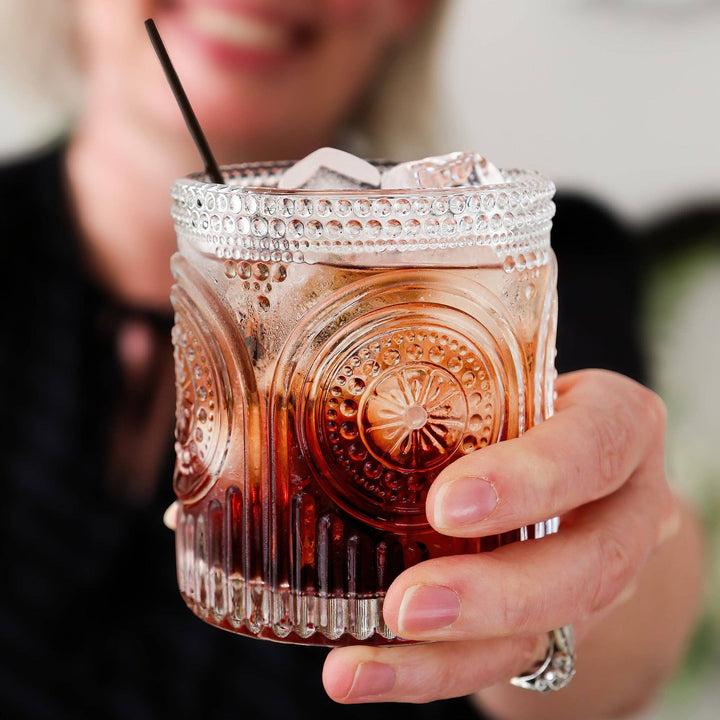Ribbed Retro Floral Clear Drinking Glass - Merry PigletsKate Aspen