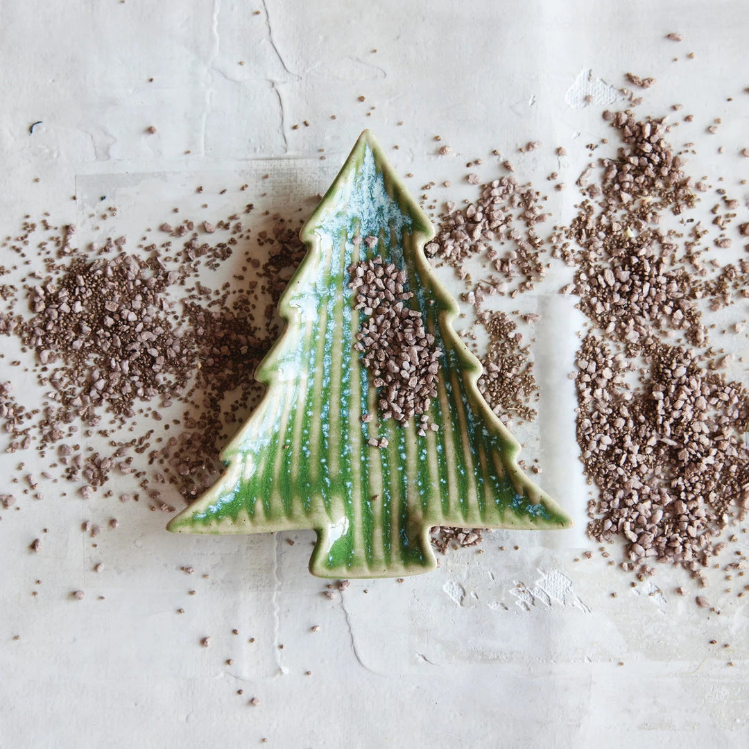 Ribbed Stoneware Tree Dish - Merry PigletsCreative Co - Op