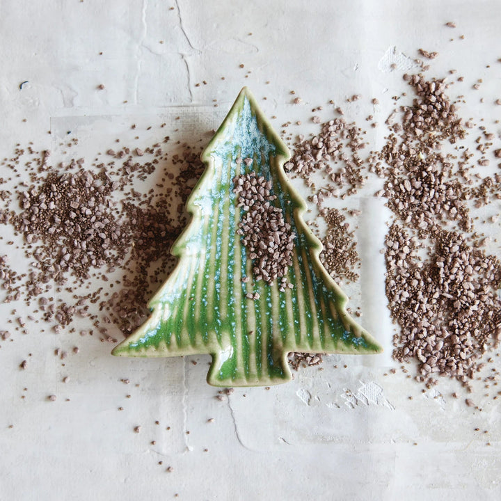 Ribbed Stoneware Tree Dish - Merry PigletsCreative Co - Op