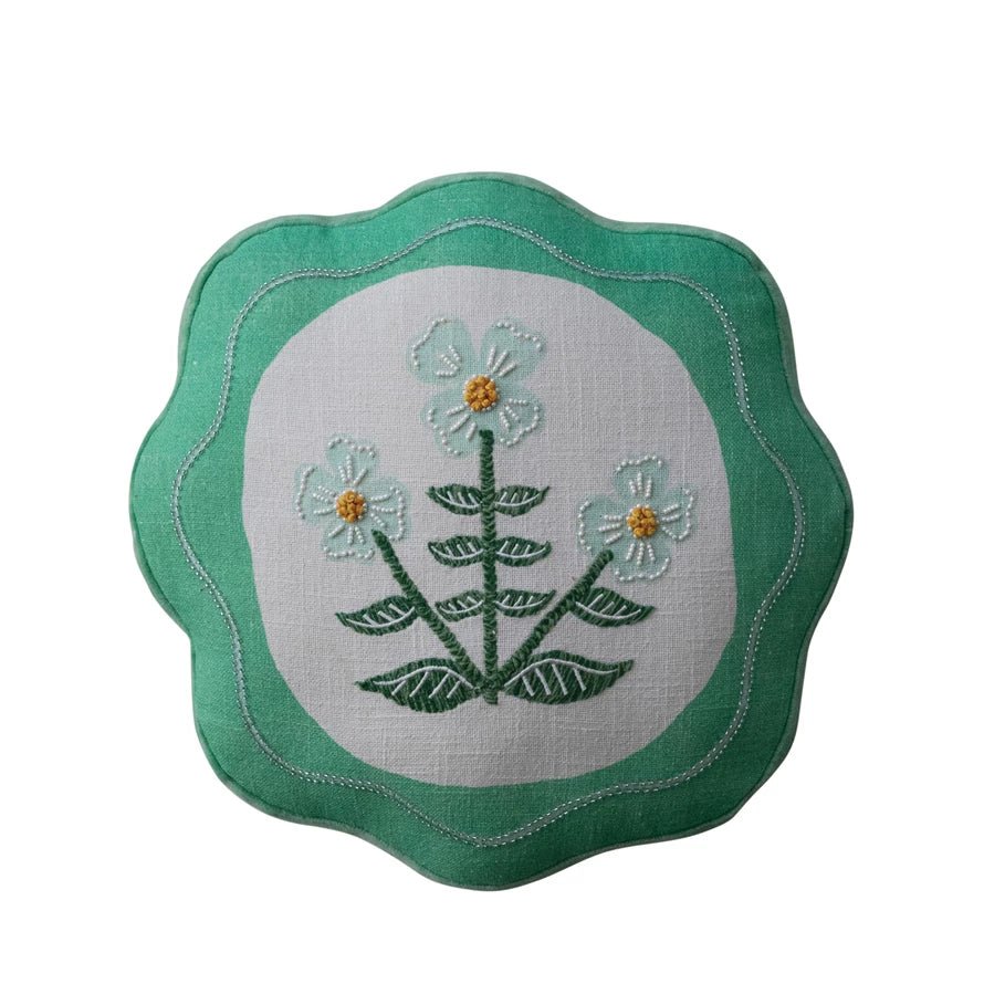 Round Scalloped Embroidered Pillow - Merry PigletsCreative Co - Op