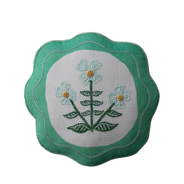 Round Scalloped Embroidered Pillow - Merry PigletsCreative Co - Op