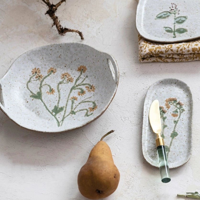 Shallow Stoneware Botanical Bowl - Merry PigletsCreative Co - Op