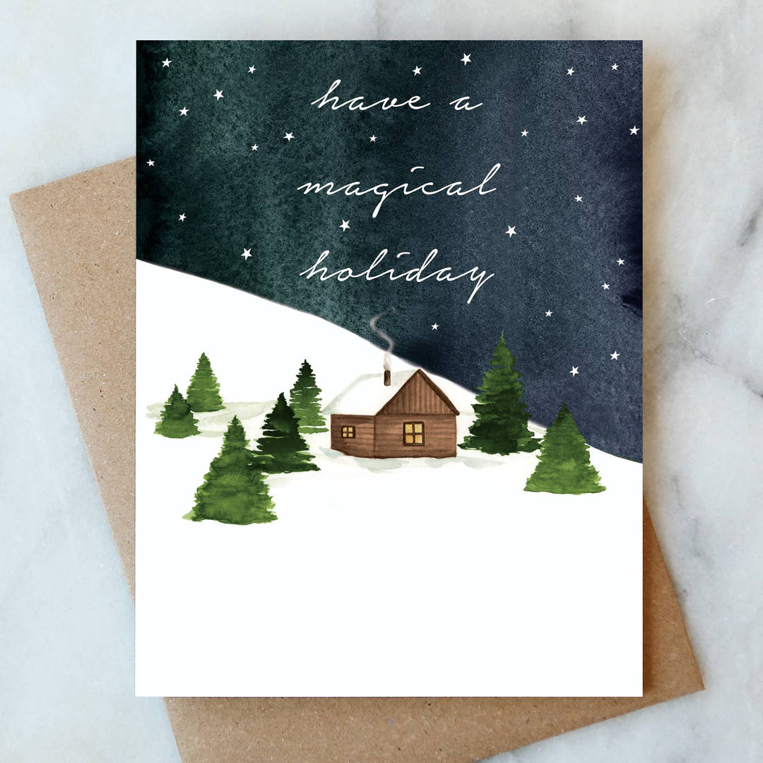 Snowy Cabin Holiday Greetings Card - Merry PigletsAbigail Jayne Design