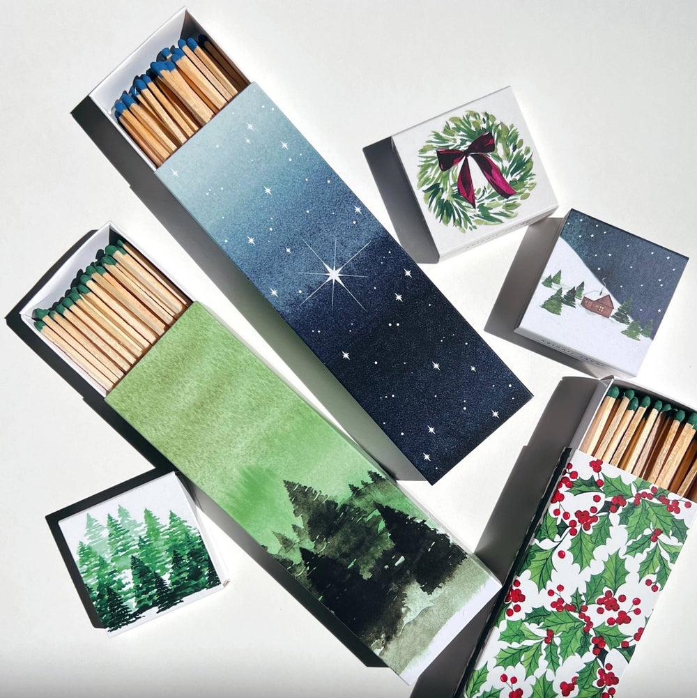 Snowy Cabin Matches - Merry PigletsAbigail Jayne Design
