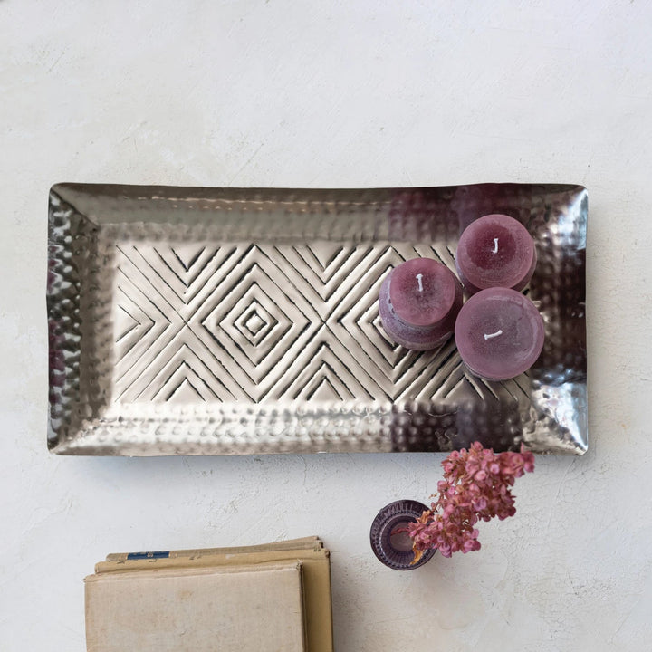 Stamped Silver Tray - Merry PigletsCreative Co - Op
